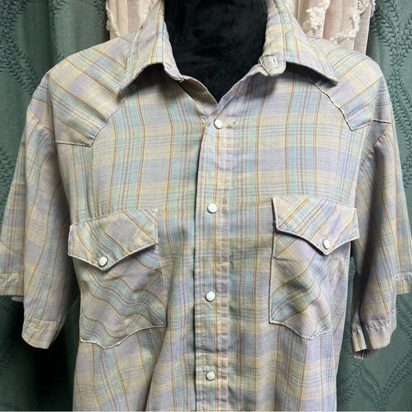 Vintage Men's Plaid Pearl Snap Short Sleeve Shirt - Size Large - Picture 8 of 14